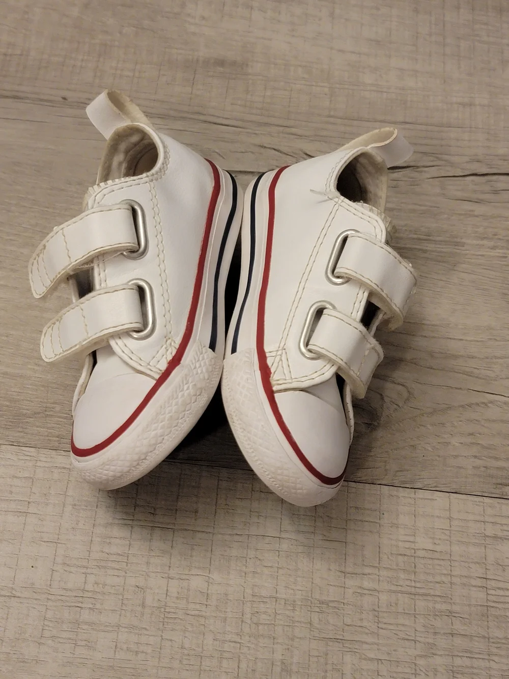 Converse Kids White Sneakers with Red Trim and Velcro